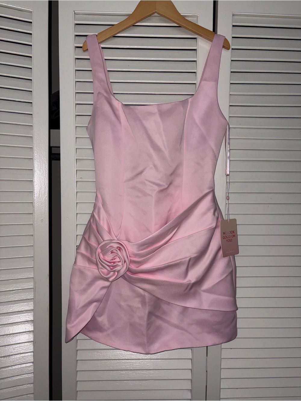 Hello Molly Pink Satin Mini Dress with Rosette Detail